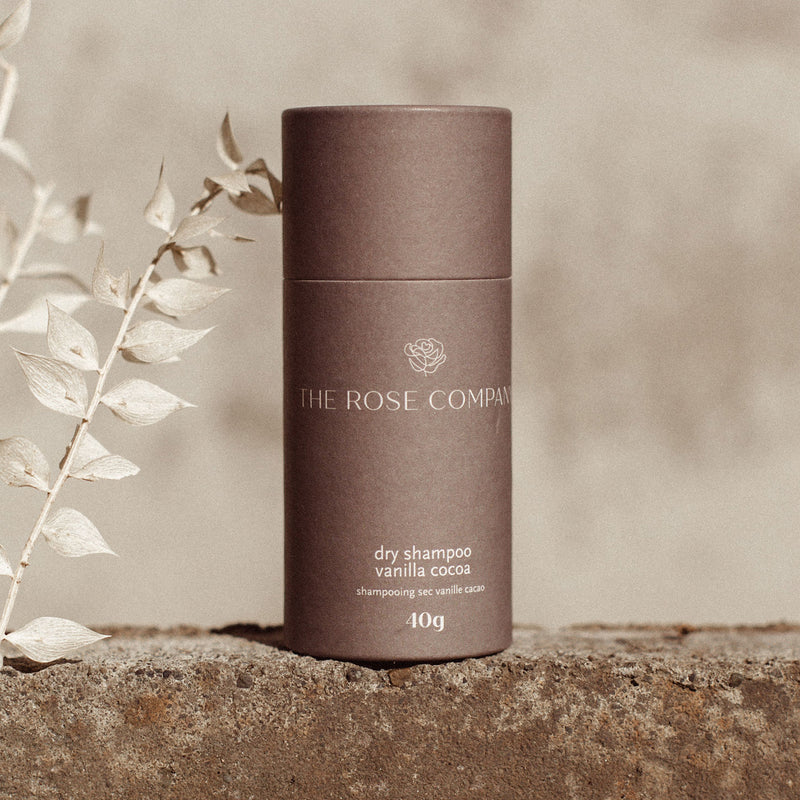 The Rose Company Vanilla Cocoa Dry Shampoo in sustainable packaging
