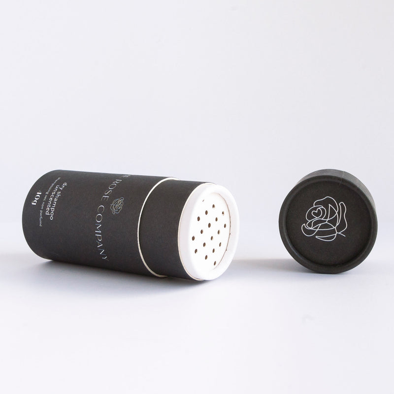 The Rose Company Unscented Dry Shampoo in Sustainable Packaging with open lid